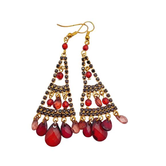 Red Chandelier Earrings Gold Tone Dangle Boho Festival Pink Teardrop Drops 3"L - Picture 5 of 8